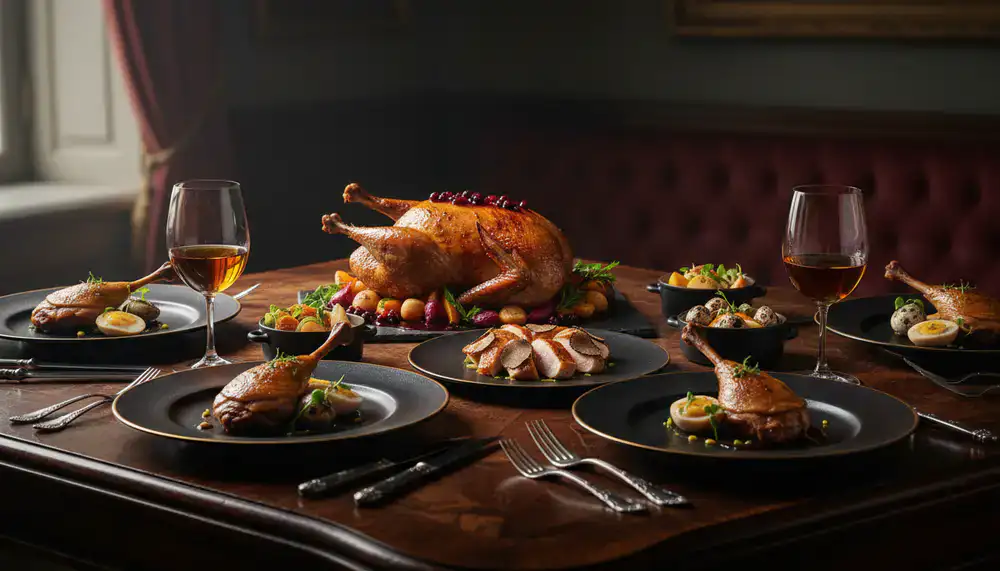 Présentation d'une création gastronomique à base de volaille sur une table élégante