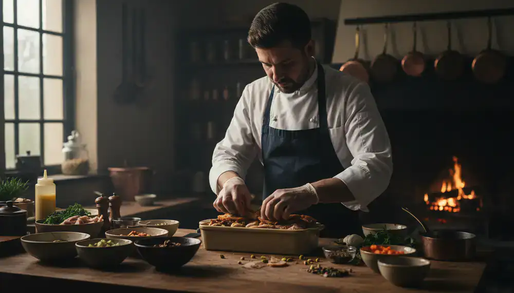 Un chef préparant minutieusement une terrine de volaille