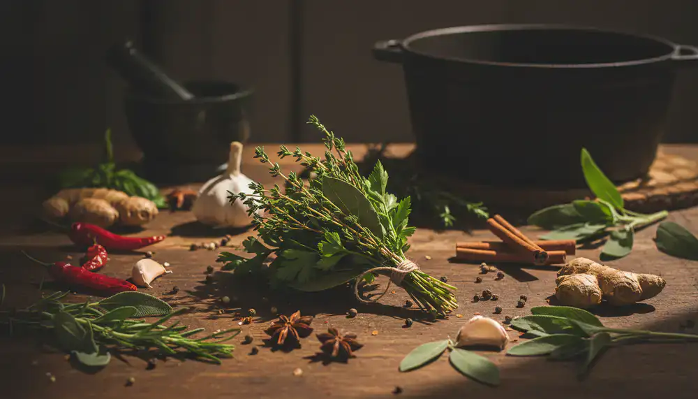 Bouquet garni et aromates sur un plan de travail