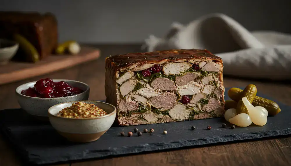 Une belle tranche de terrine de volaille artisanale accompagnée de condiments